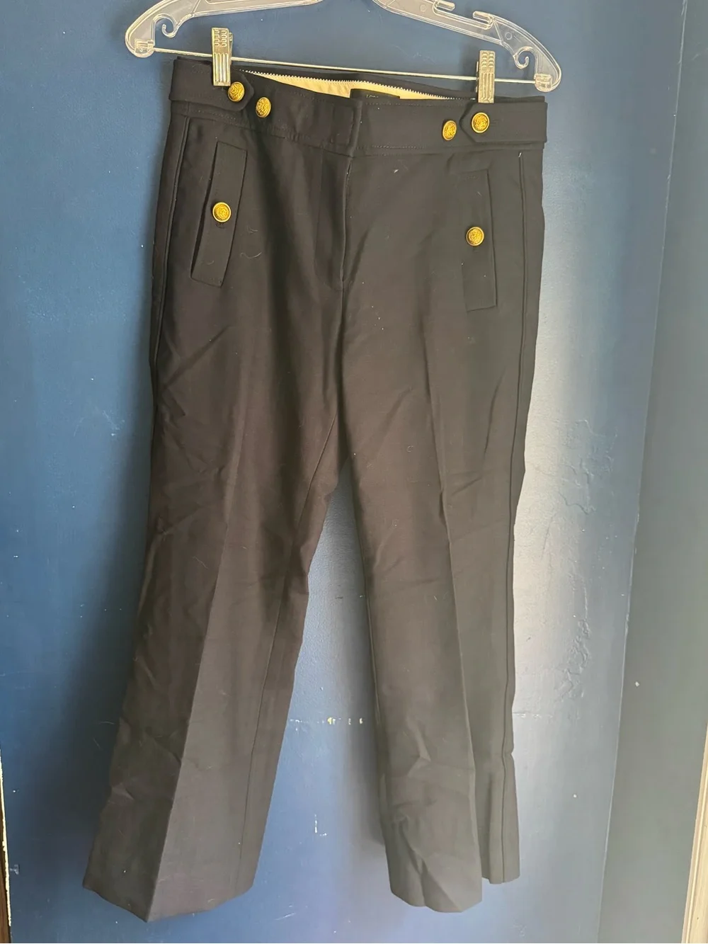 J. Crew Black Straight-Leg Pants with Gold Buttons